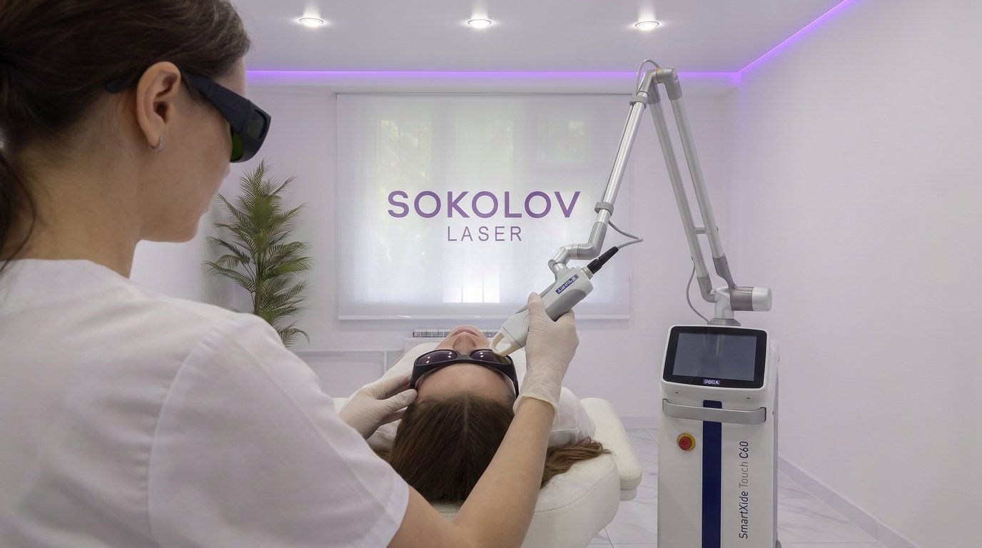 Врач в защитных очках проводит лазерную шлифовку лица на аппарате DEKA SmartXide Touch C60