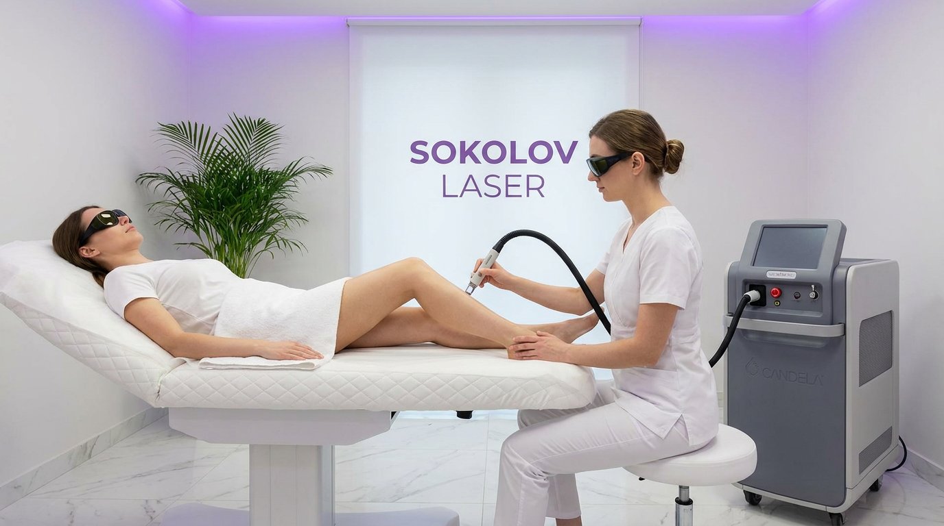 Сеанс лазерной эпиляции голени на аппарате Candela GentleMax Pro, пациентка и специалист в защитных очках