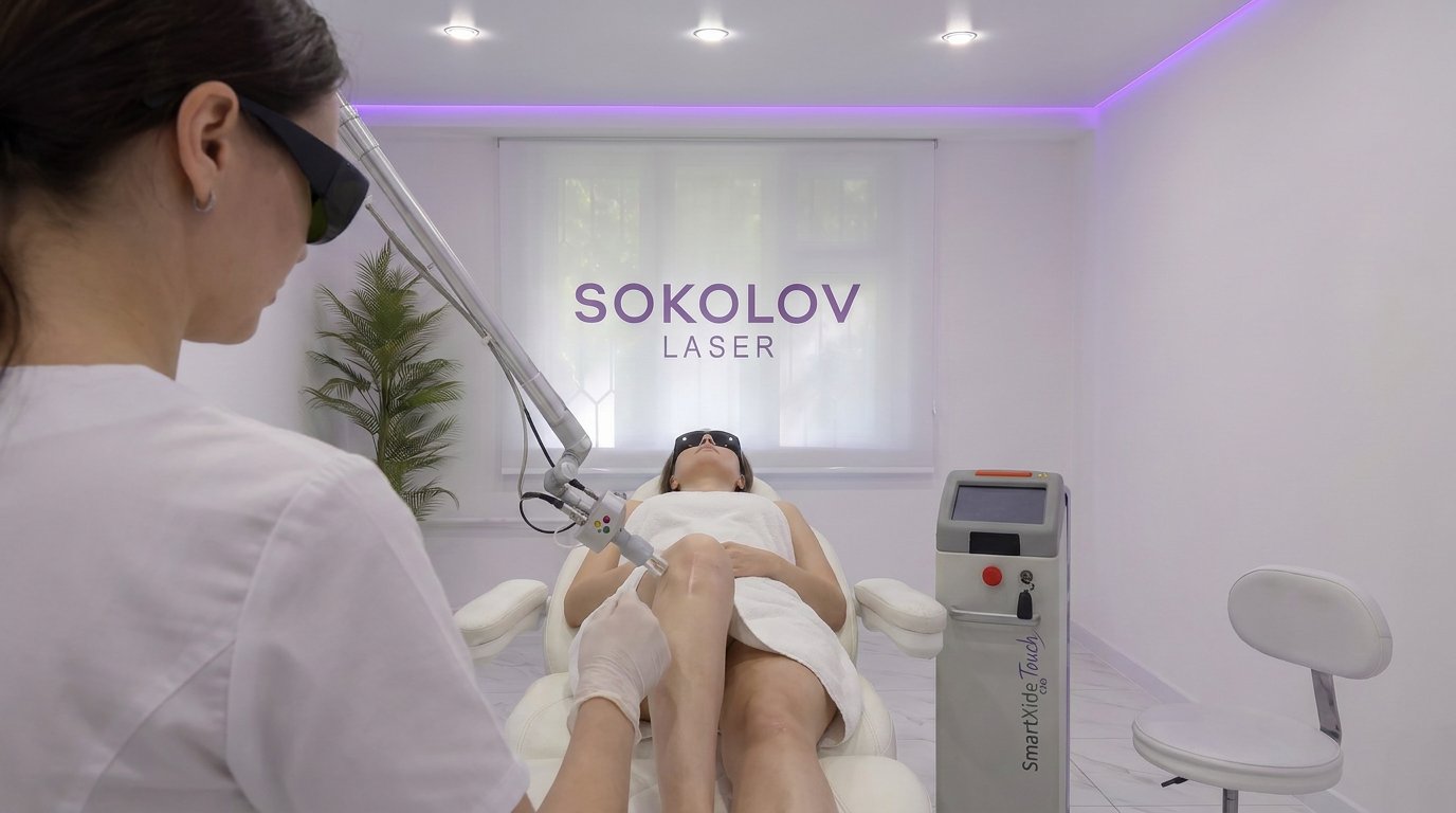 Врач ведёт манипулу CO2-лазера DEKA SmartXide Touch C60 по коже пациентки в кабинете клиники