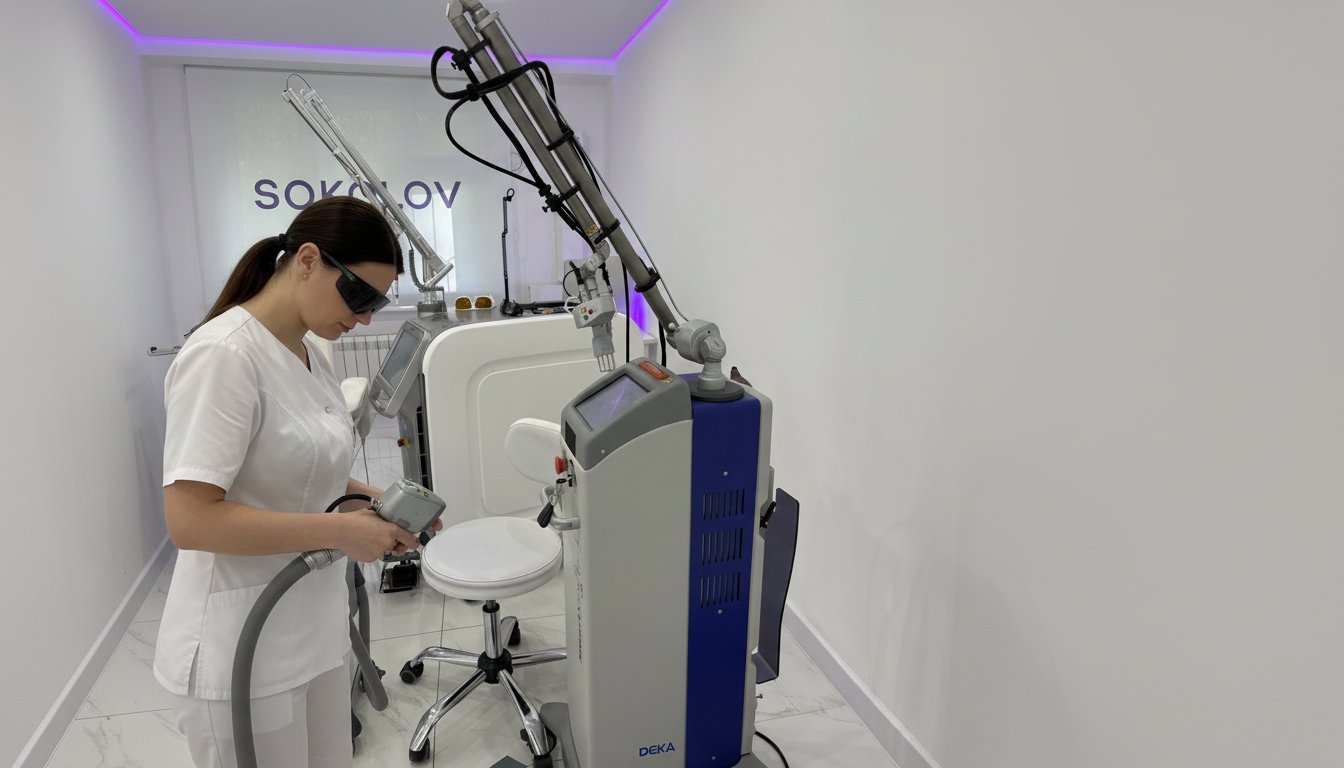 Специалист в защитных очках держит манипулу CO2-лазера DEKA SmartXide Touch C60 в процедурном кабинете клиники